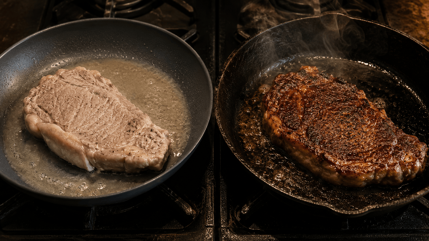 A steak searing in a cast iron skillet with visible browning. Next to it, a nonstick pan. Natural warm lighting. No faces, no hands.