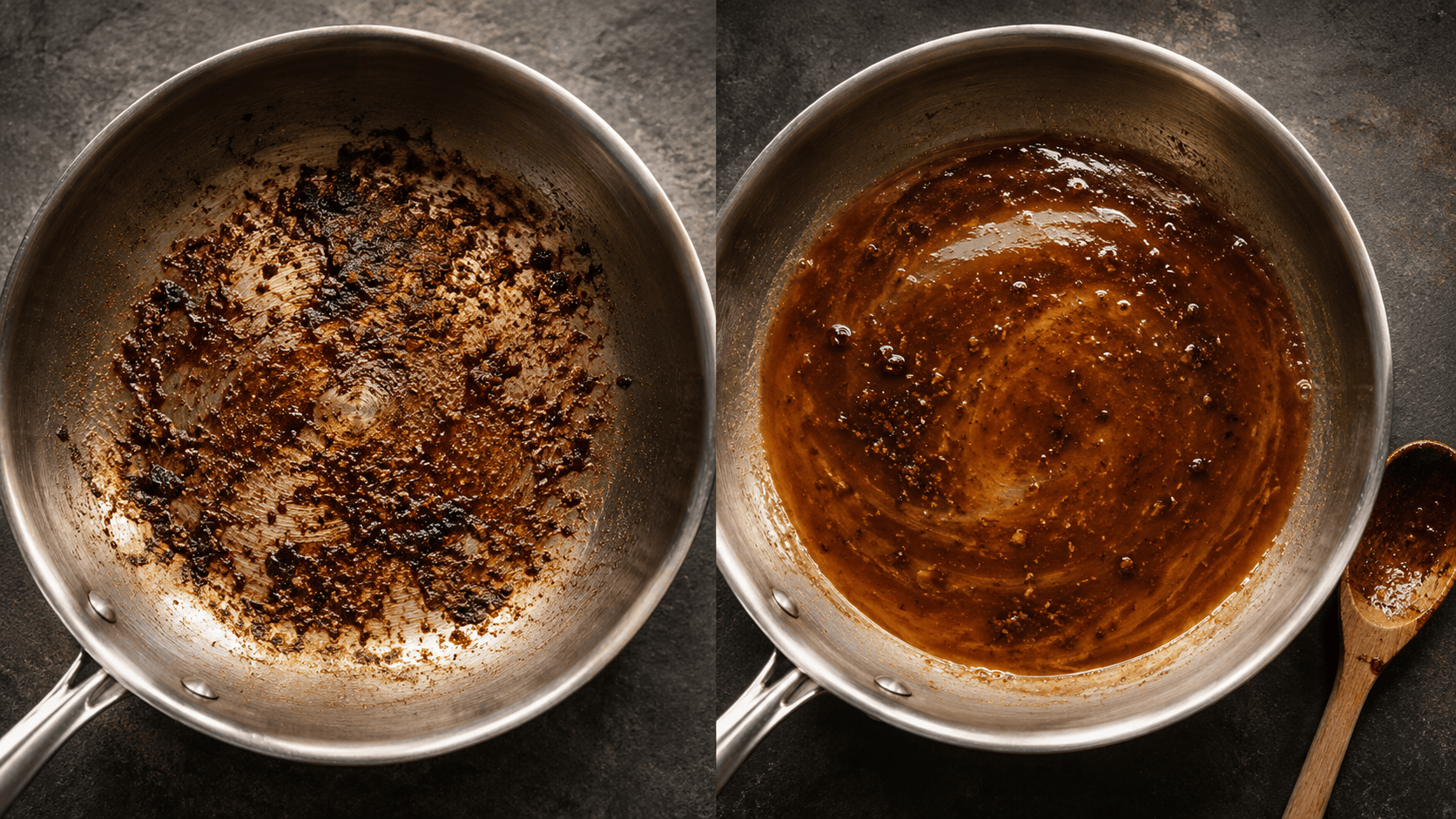 A pan with browned fond being deglazed with wine, steam rising. Natural warm lighting. No faces, no hands.