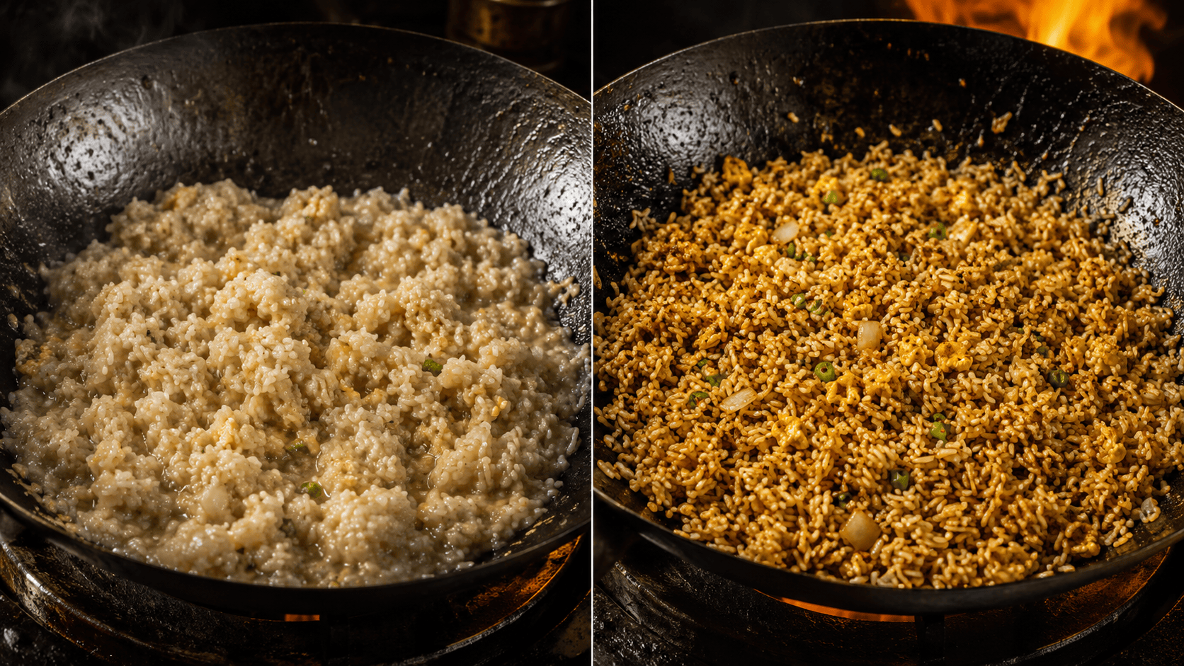 Golden fried rice in a wok — the rescue method for mushy rice. Warm natural kitchen lighting.