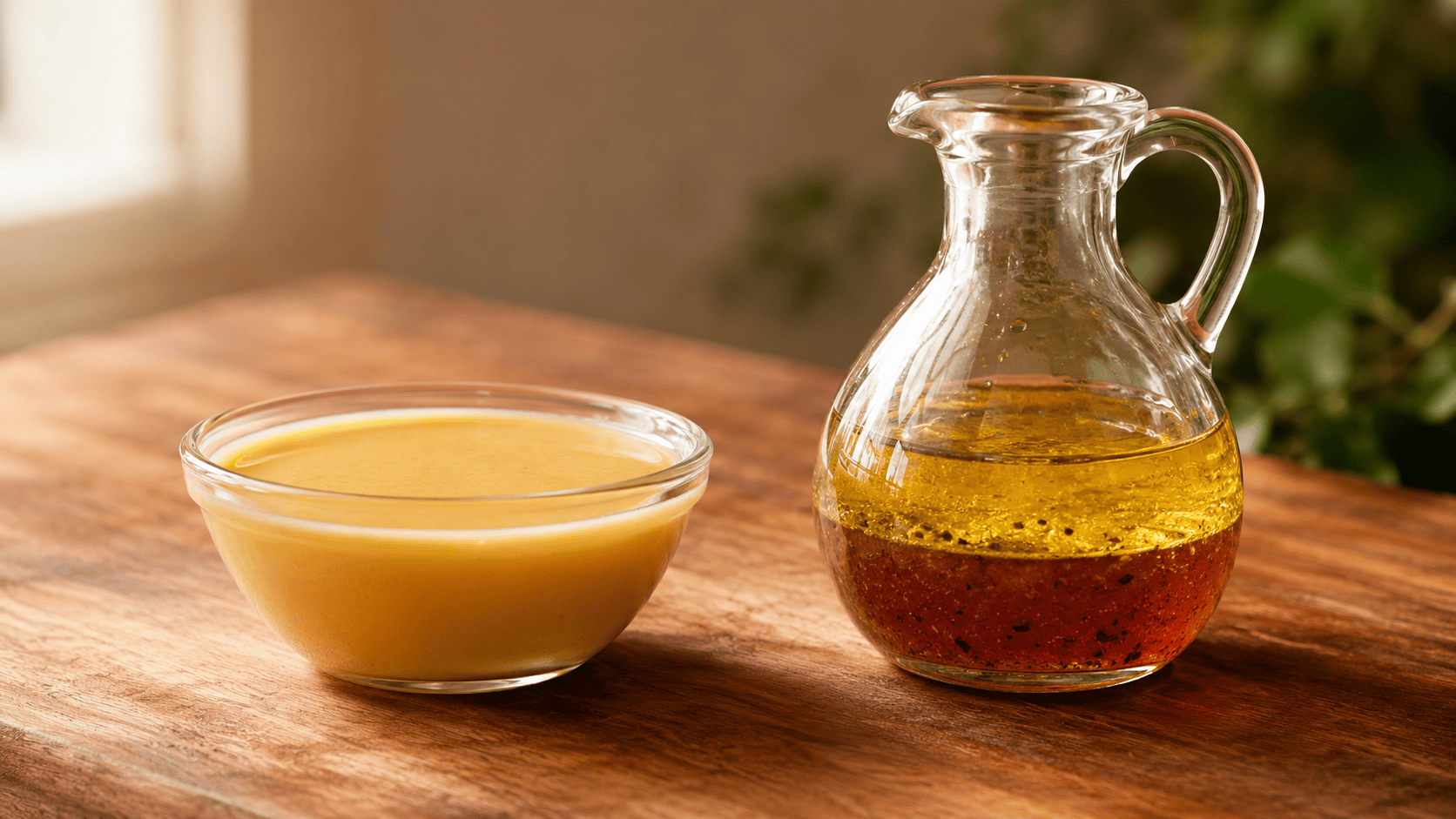 A split plate showing a broken, separated sauce next to a smooth, emulsified sauce. Warm natural kitchen lighting.