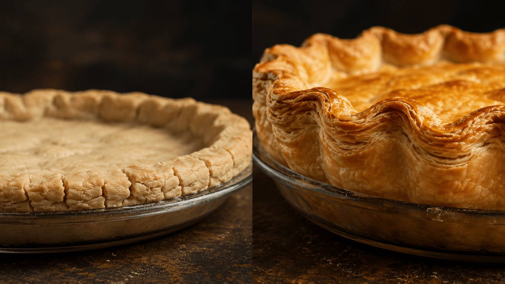A perfectly golden pie crust with a tender, flaky edge. A small bottle of vinegar sits beside it. Natural warm lighting. No faces, no hands.