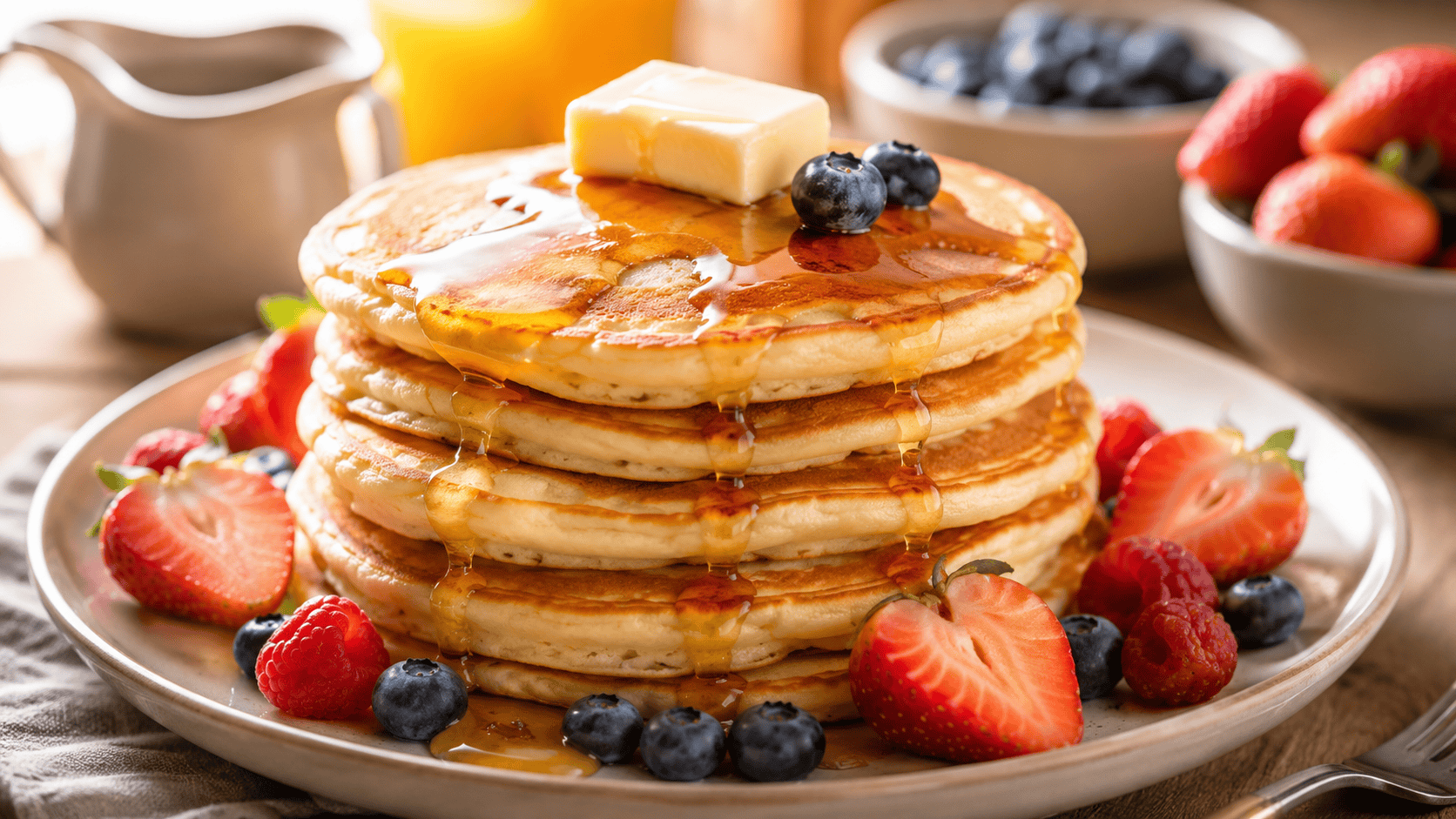 A stack of golden pancakes on a plate, one cut open revealing a fluffy interior. Natural warm lighting. No faces, no hands.