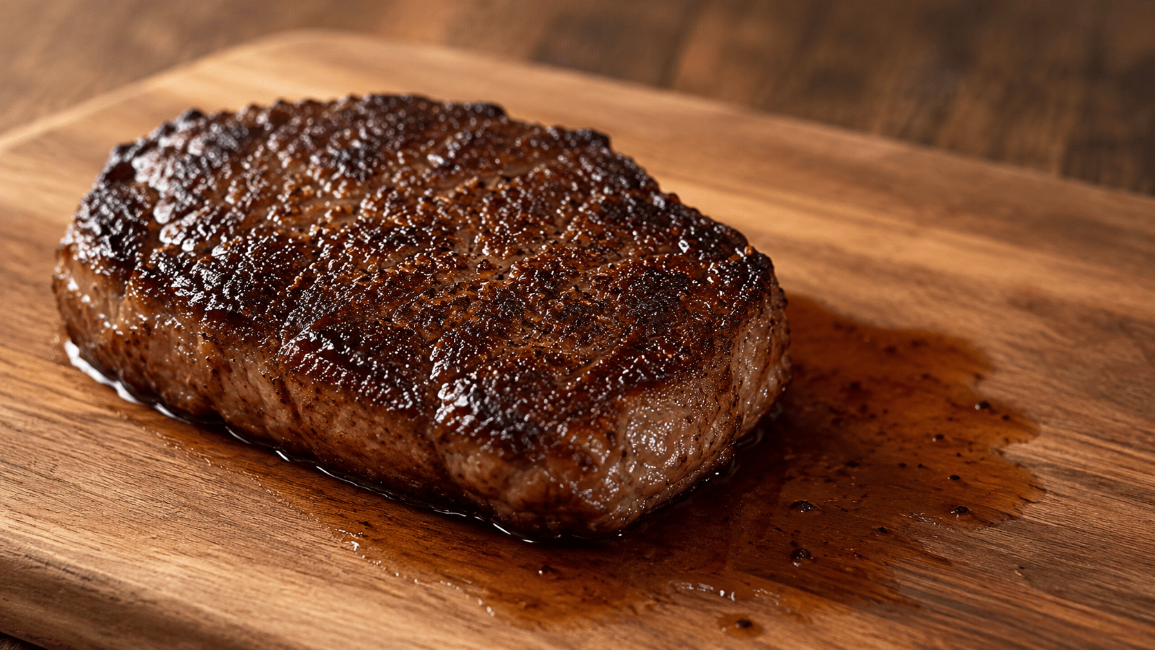 A seared steak on a cutting board, dark brown crust visible, with a small pool of juice on the board beside it. Natural warm lighting. No faces, no hands.